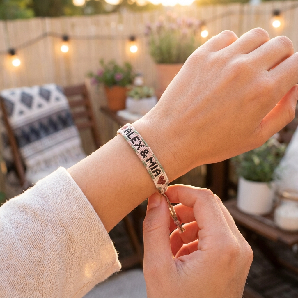 Wrist wearing a custom alpha pattern friendship bracelet