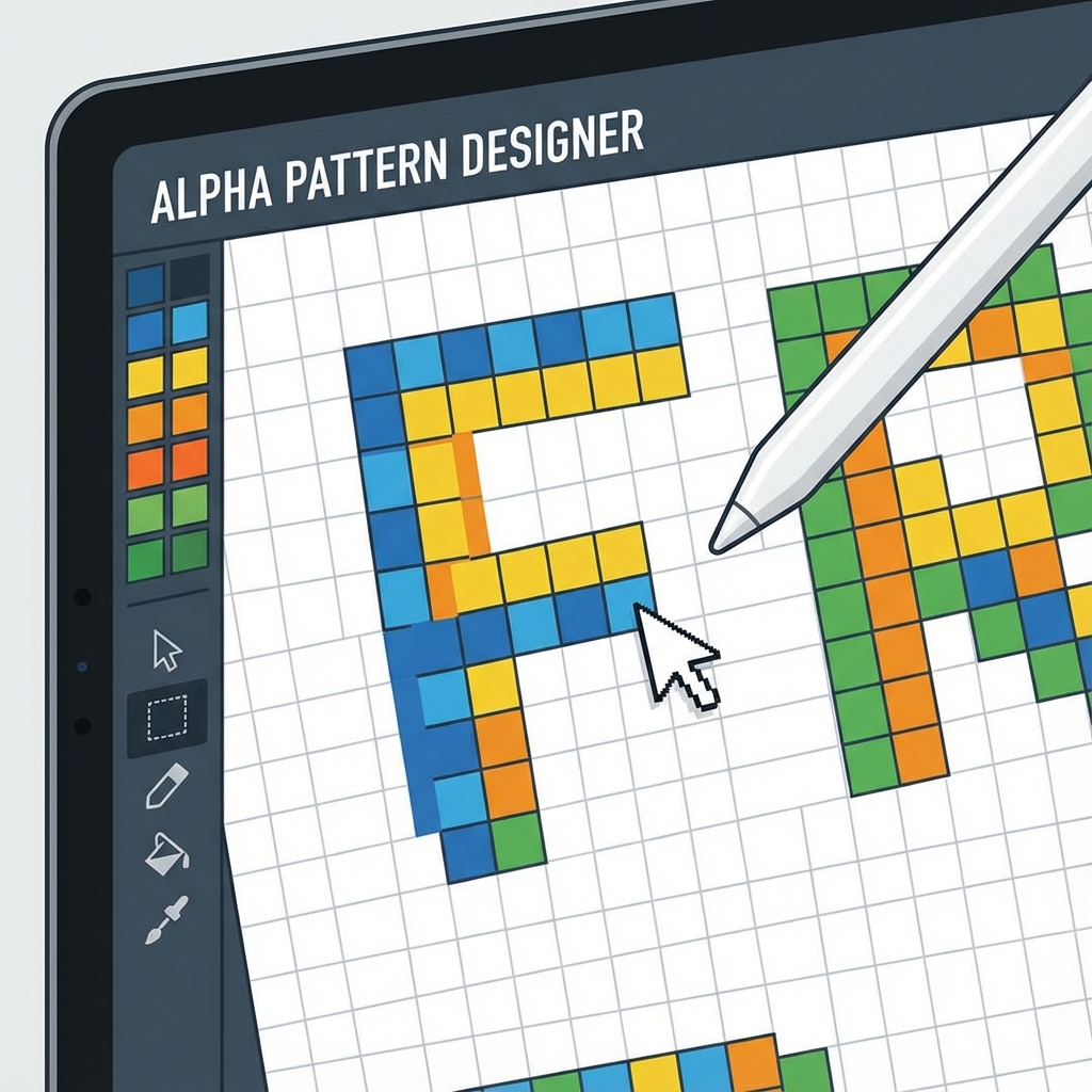 Digital alpha pattern design process showing grid and pixel art tools
