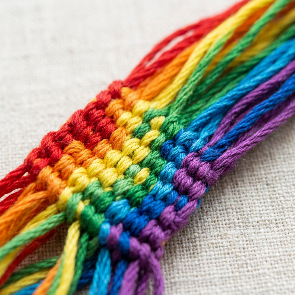 Close up macro photo of woven friendship bracelet knots